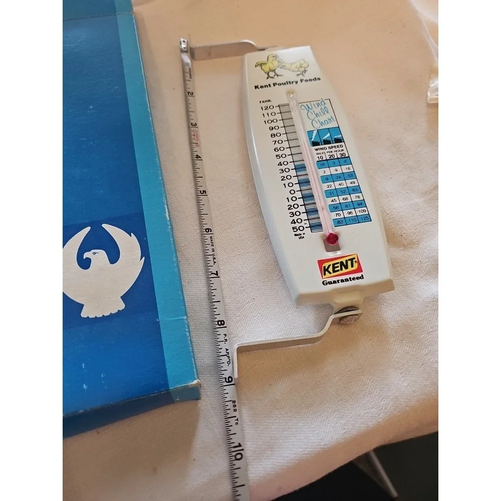MIB Vintage Kent Poultry Feeds Metal Wind Chill Thermometer Sign Old Farm & Seed